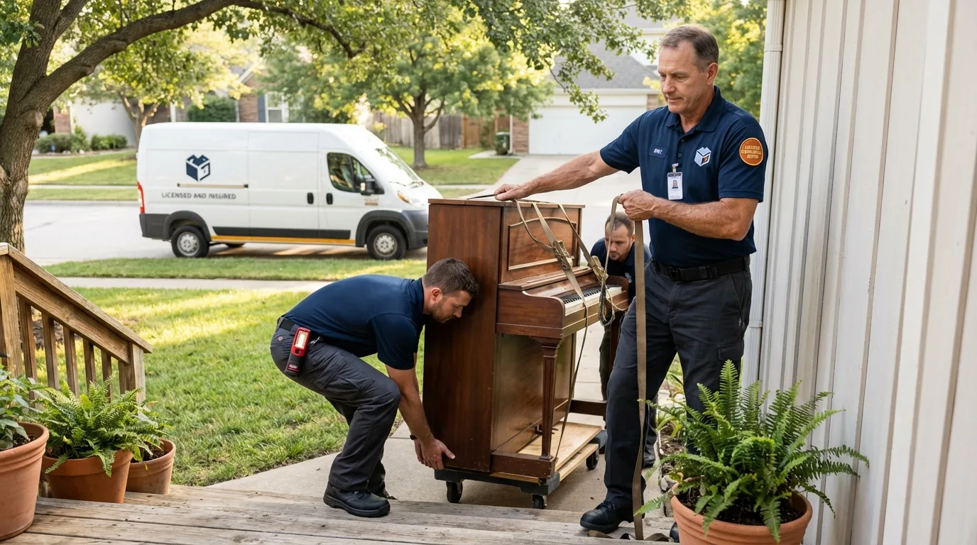 Licensed piano movers securing grand piano in Alamogordo, NM