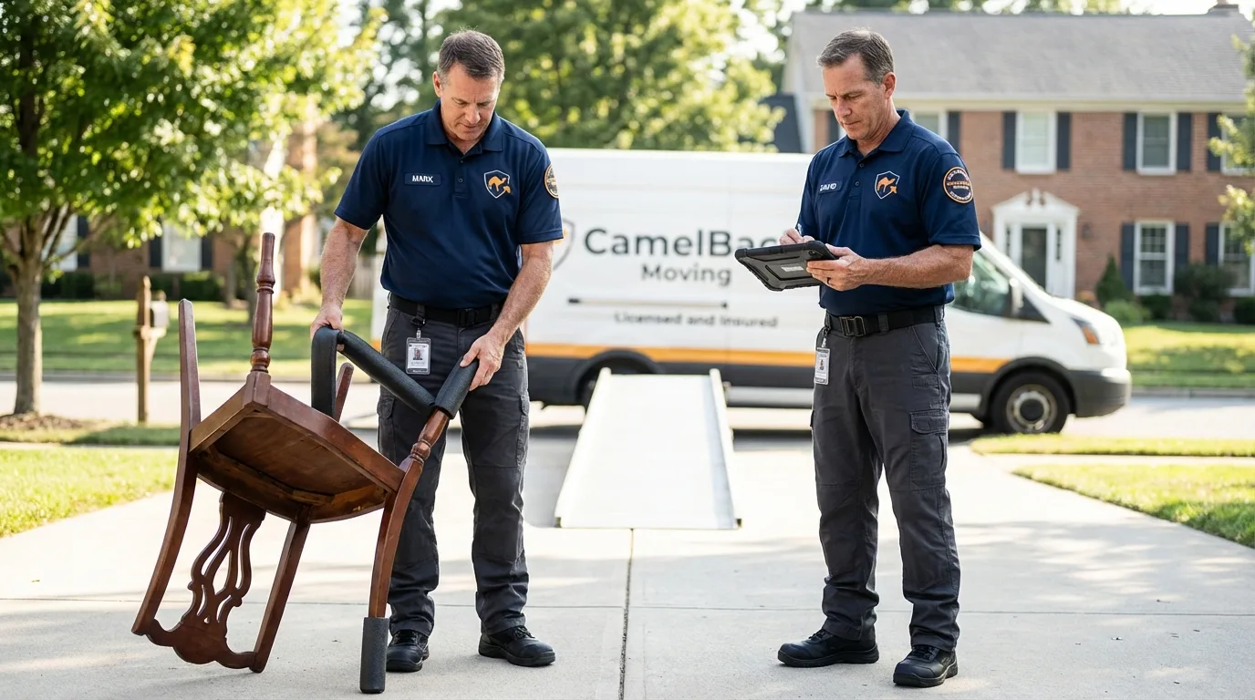 Movers inspecting furniture for damage prevention before loading in Alamogordo, NM