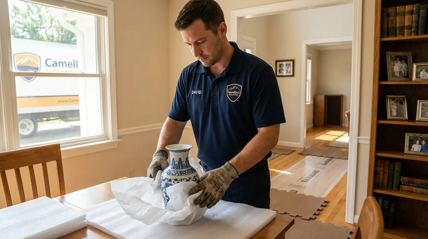 Professional crew carefully wrapping antique vase for senior downsizing move in Alamogordo, NM